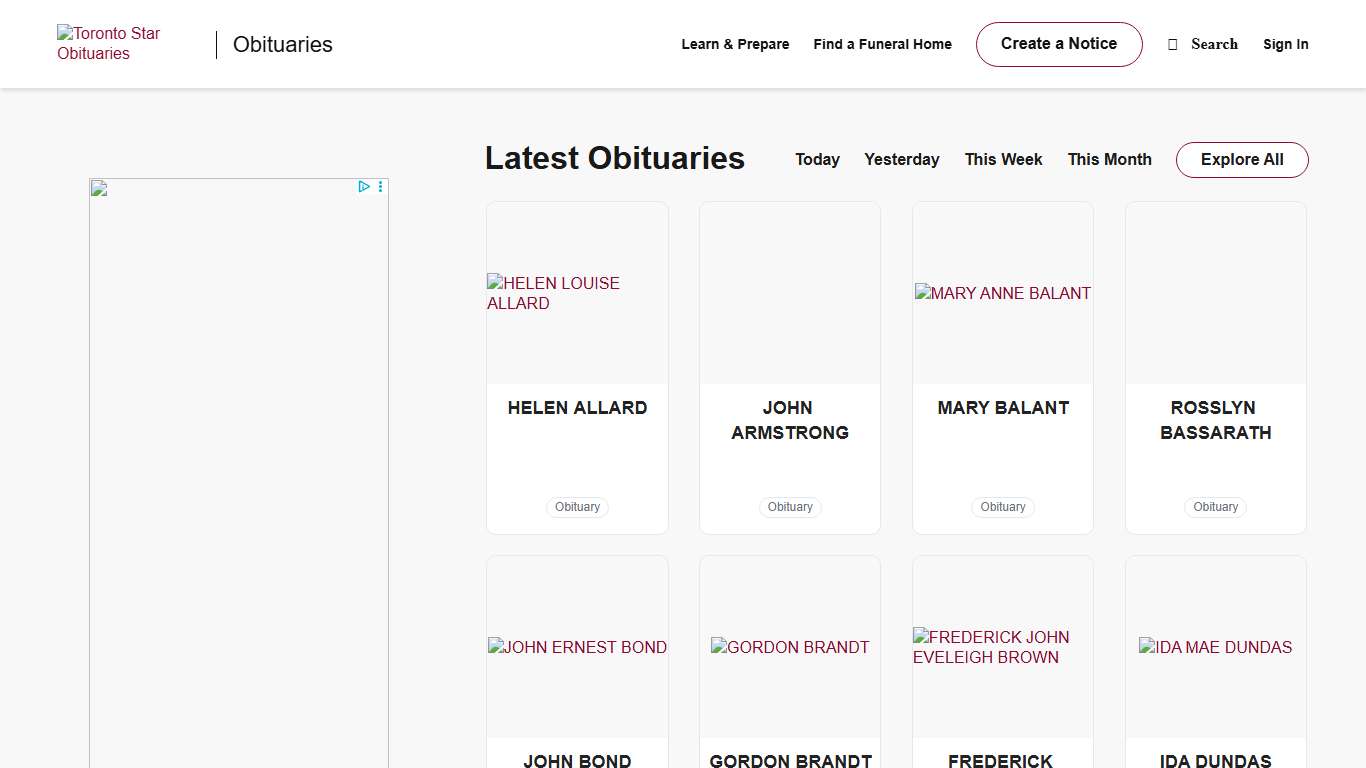 Obituaries Toronto Star