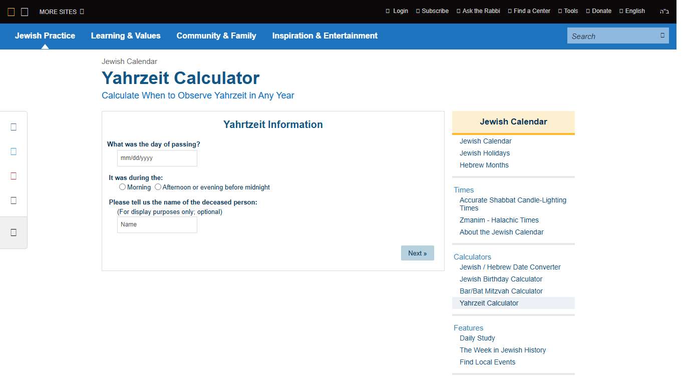 Yahrzeit Calculator - Jewish Calendar - Hebrew Calendar